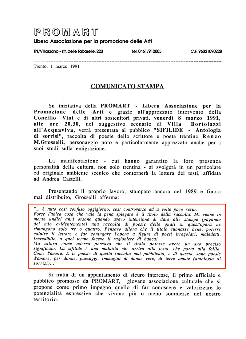 COMUNICATO STAMPA PROMART 1991